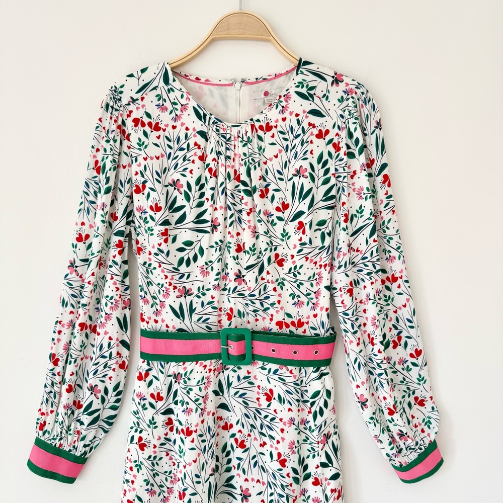 Boden Victoria Midi Dress in Floral Garden Party, Contrasting Belt Size 10 - Picture 3 of 16